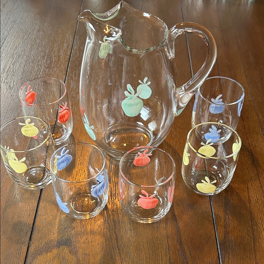 Vintage 1950’s Painted Glass Juice Pitcher and Cup Set